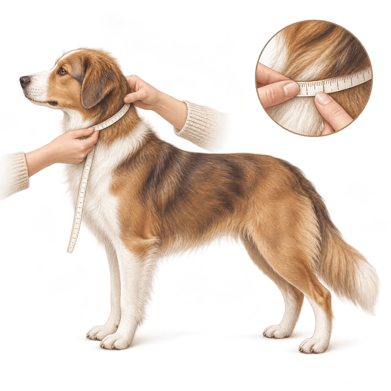 Ein Hund wird mit einem Maßband direkt am Halsansatz unterhalb der Ohren gemessen.