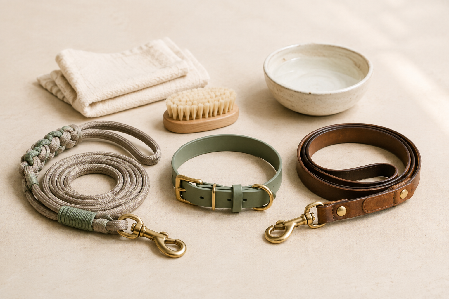 Paracord-Leine, Biothane-Halsband und Fettleder-Leine mit Tuch, Bürste und Wasserschale.